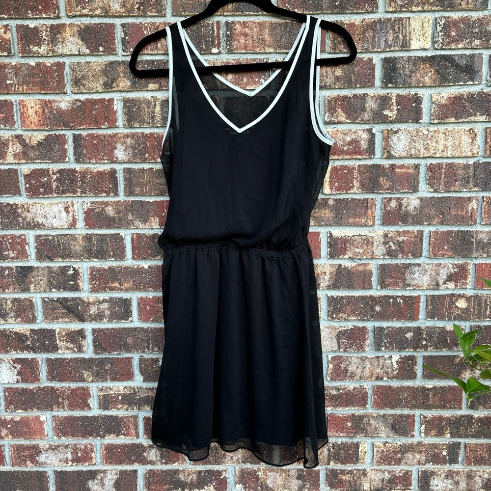 Express Sheer Black Tank Skater Dress Cinched Waist Y2K Party Womens Size M